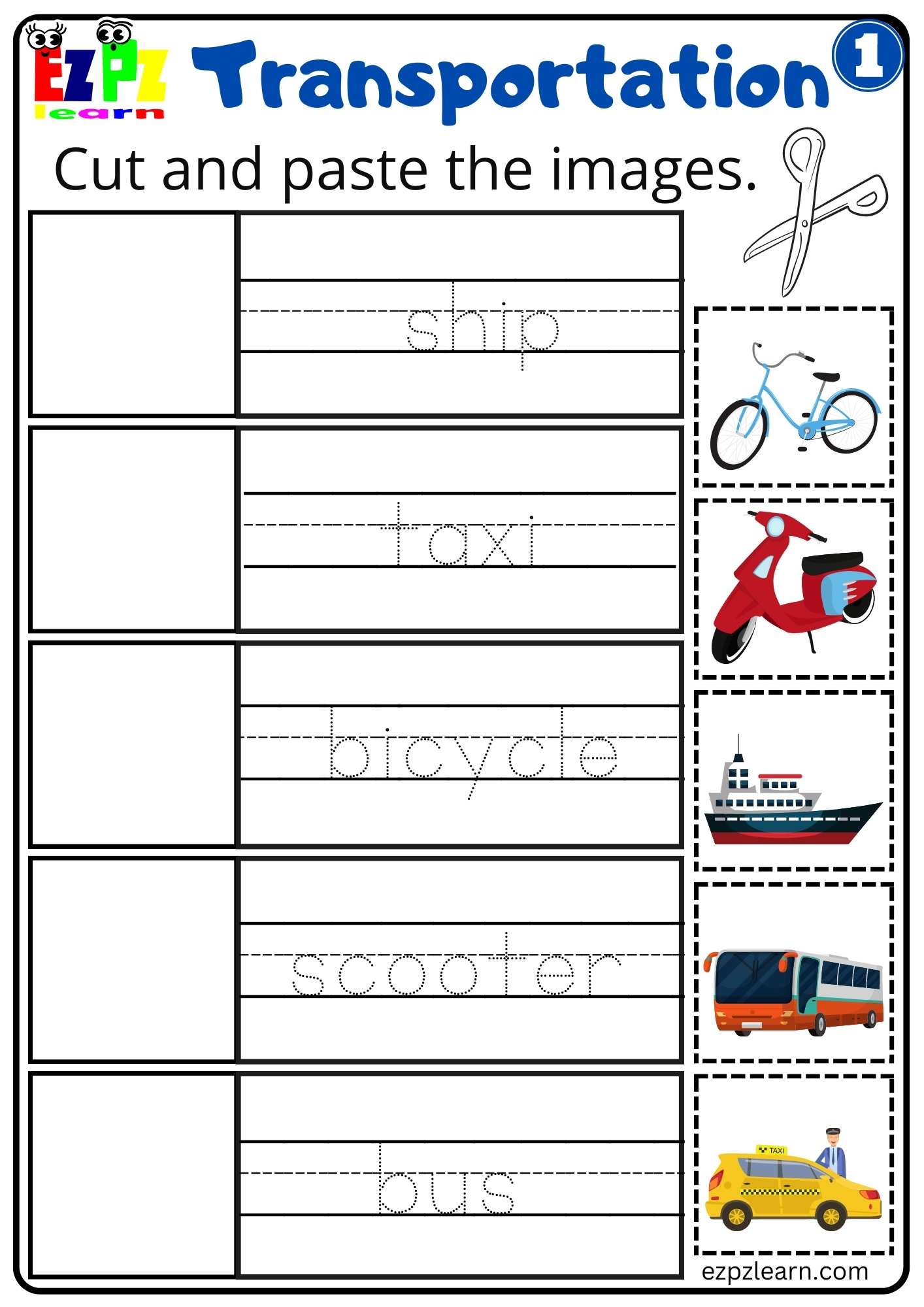 Transportation Vocabulary Cut and Paste Worksheet Easy for Kids Free Group 1